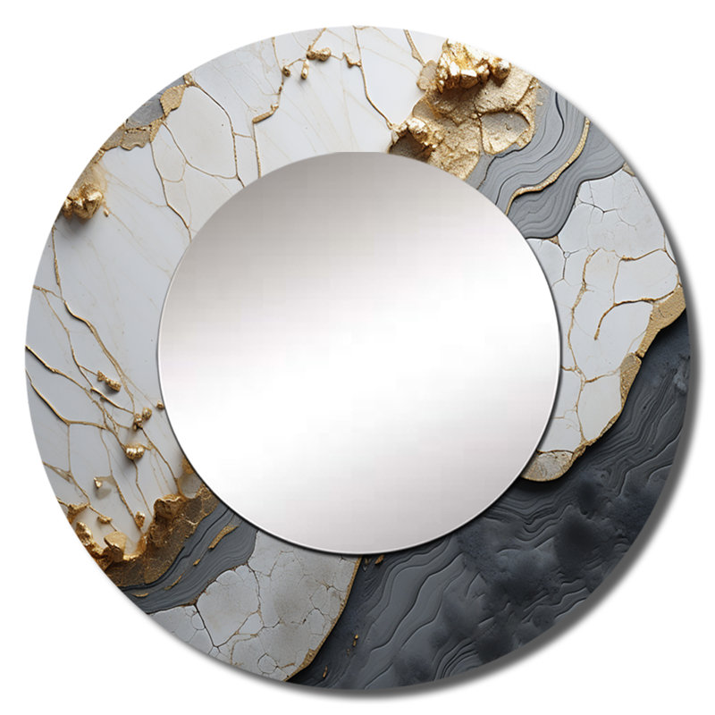 Minimalisme blanc or Poteries - miroir mural spirales abstraites, miroir décoratif rond blanc, impression d'art en métal