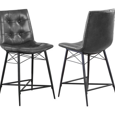 Grey Counter Height Seating  2 Units  - Foam Filled Seat, , Metal Base, Industrial Style For Dining 2 Stools Upholstered Seat With Button Tufting, Contemporary Room