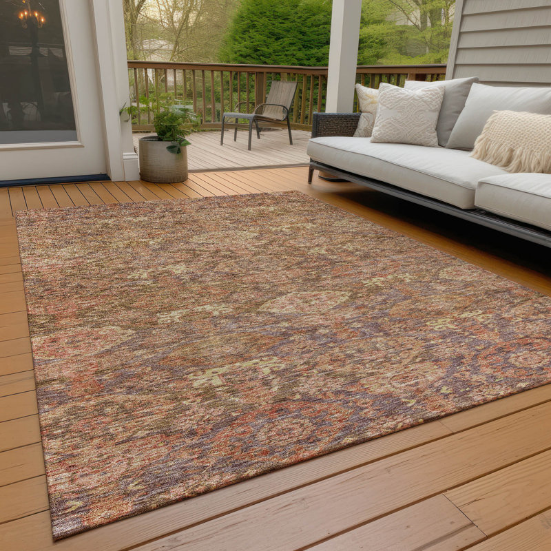 Red Synthetic Washable Rectangular 8' x 10' Damask Area Rug