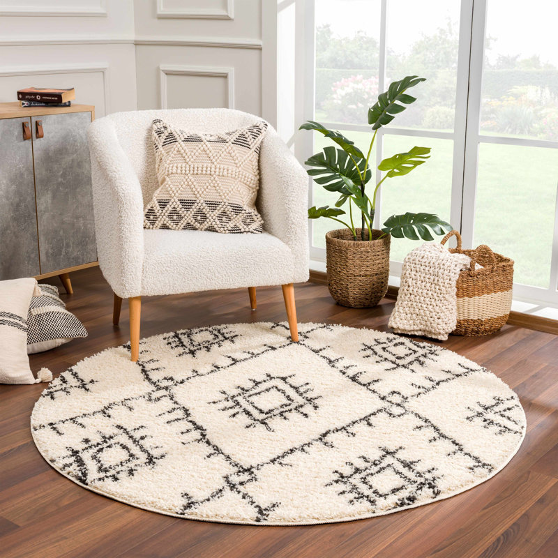 Tapis à poils longs noir et beige Adeesa, Rond 5 pi 3 po