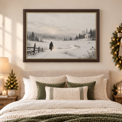 " Person Walking With Lantern To Church In Winter Christmas " Painting