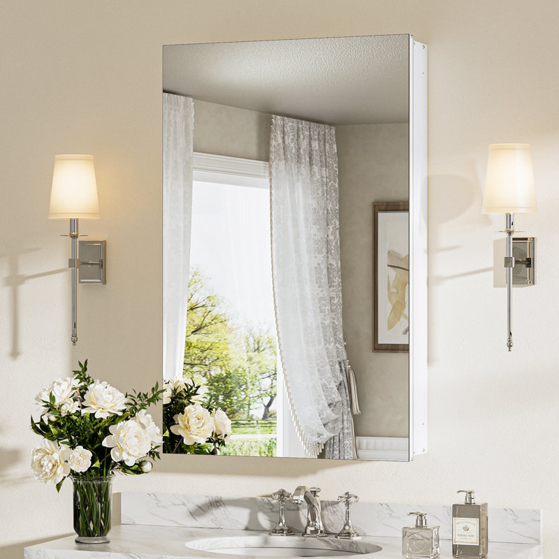 Husai Recessed or Surface Mount Aluminum Frameless Medicine Cabinet With Mirrored Door and Adjustable Shelves, White