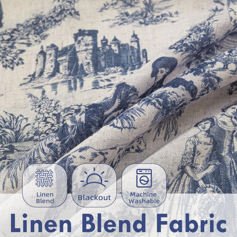 100% Blackout Toile Linen Curtains for Bedroom Double Layer Farmhouse French Country Vintage Printed Pattern Thermal Sound Lined Back Tab Living Room Drapes  2 Panels