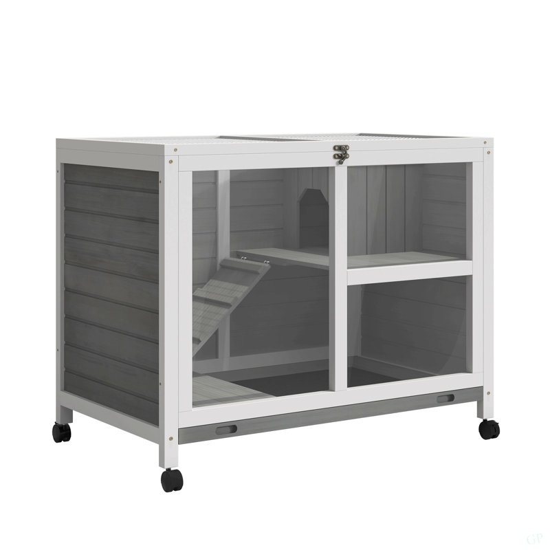 Cage à lapins d'intérieur Pawhut avec roulettes, bureau et table d'appoint, cage à lapins, Gris