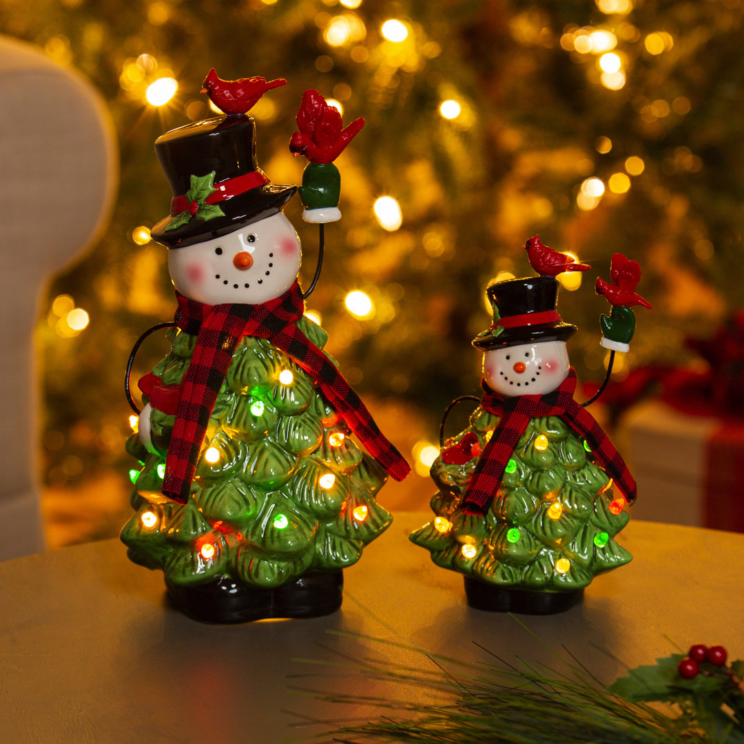 LED Ceramic Snowman With Christmas Tree Body & Cardinals Table Decor, Set Of 2 The Holiday Aisle®
