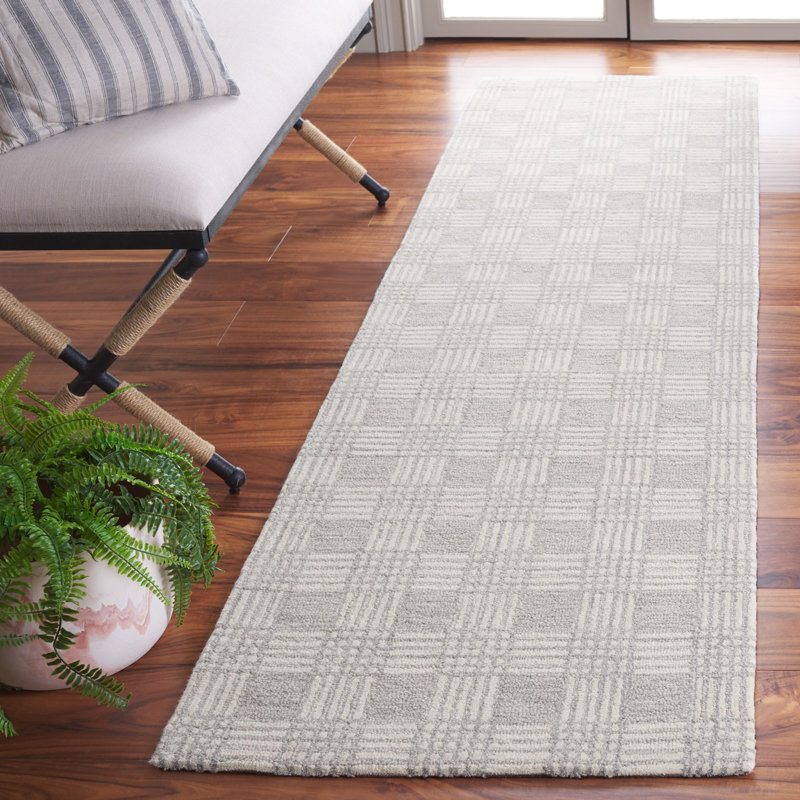 Tulane Hand Tufted Wool Cotton Checkered Rug in Ivory/Light Gray, Runner 2'3" x 9'