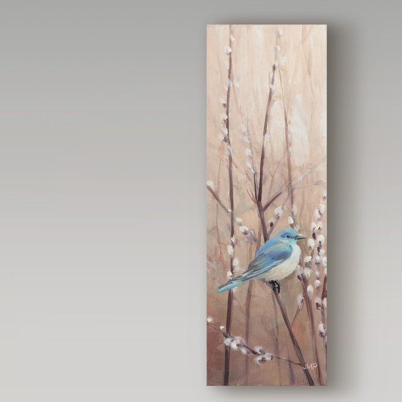 Blue Bird on Branch Framed Canvas Art, 10" x 32"