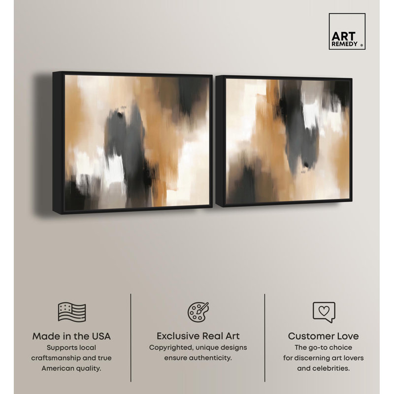 Desert and Black II Set Canvas Warm Boho Abstracts by Art Remedy, Black Framed, 13" H x 13" W