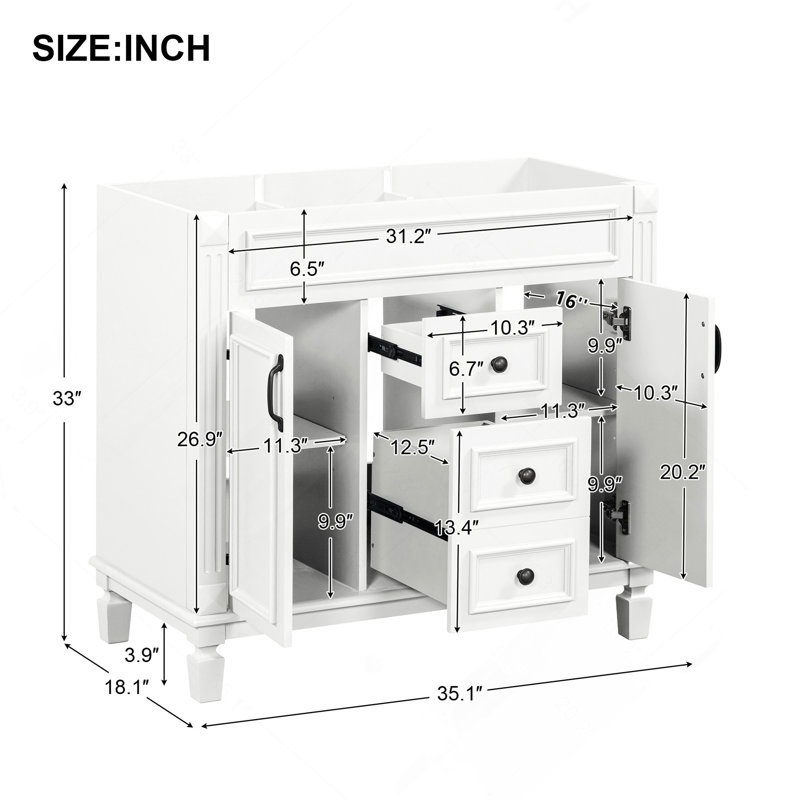 Meuble-lavabo 36 po sans lavabo supérieur, armoire seulement, armoire de rangement moderne avec 2 portes à fermeture douce et 2 tiroirs