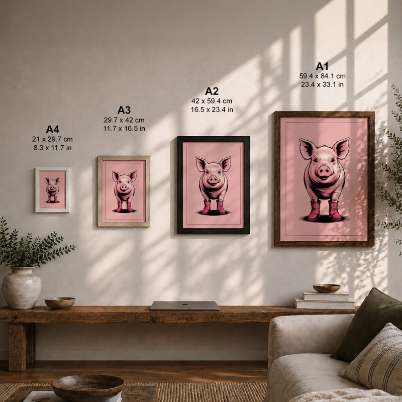 Happy Pig Cartoon - Framed Print, A2 - 59.4 x 42.0 cm, Walnut