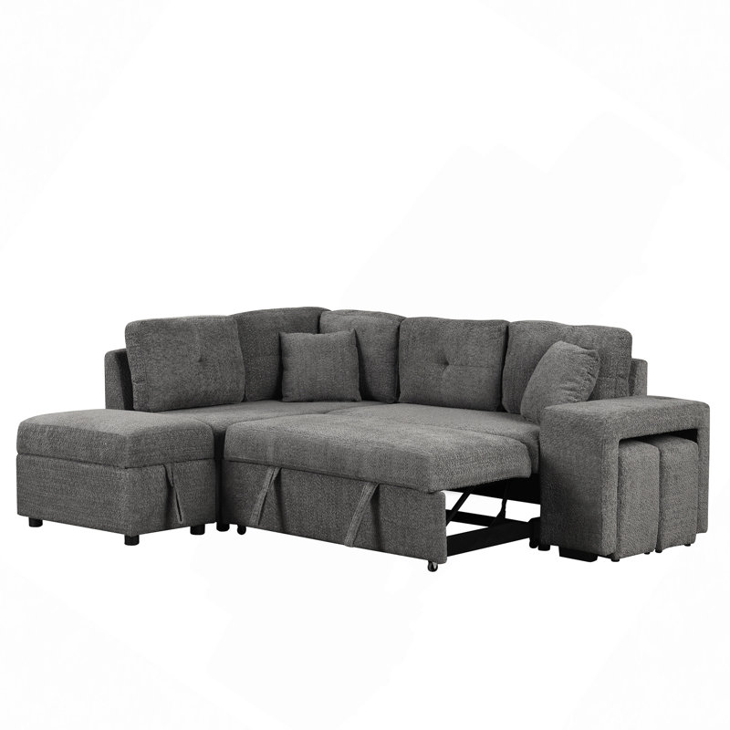 Canapé-lit modulaire convertible avec repose-pieds et 2 tabourets Giguere, Chenille grise foncée