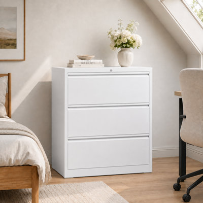 Bizoe White 3-Drawer Lateral File Cabinet with Lock, Metal Filing Cabinet for Letter and Legal Files, Full-Extension Drawers for Home Office