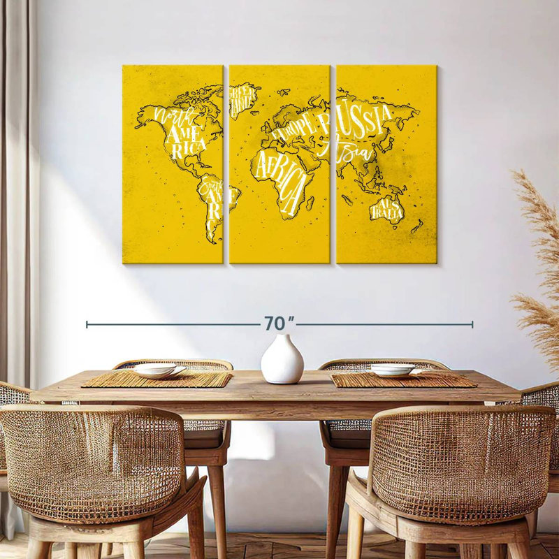 Carte du monde typographique jaune Aliaz, H 36 po x l 57 po