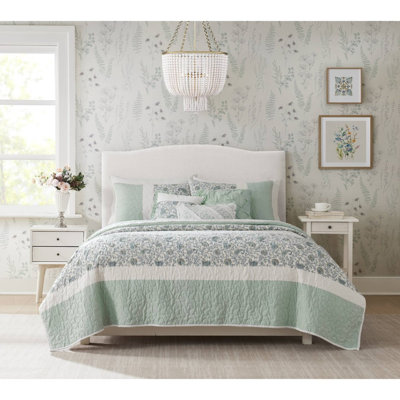 Farmhouse Aqua Bedding Sets, 6-piece Cotton Percale Quilt With Decorative Pillows
