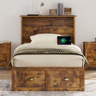 Arlina Farmhouse Twin Murphy Bed With Charging Station & Storage Drawer, Rustic Brown