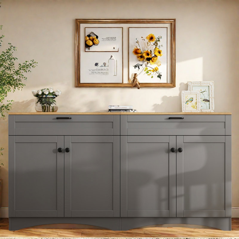 Farmhouse Sideboard With Adjustable Shelves And Rustic Handles, Gray