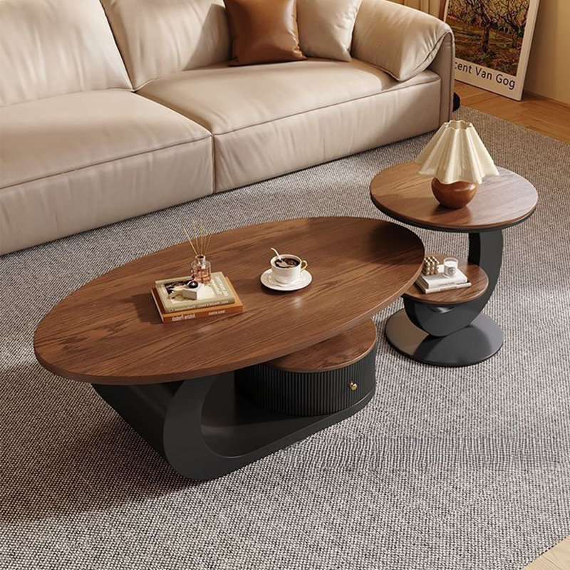 Ensemble de tables basses rondes brunes en bois manufacturé et en fer, 21.65" H x 62.99" W x 27.56" D, Brun et noir