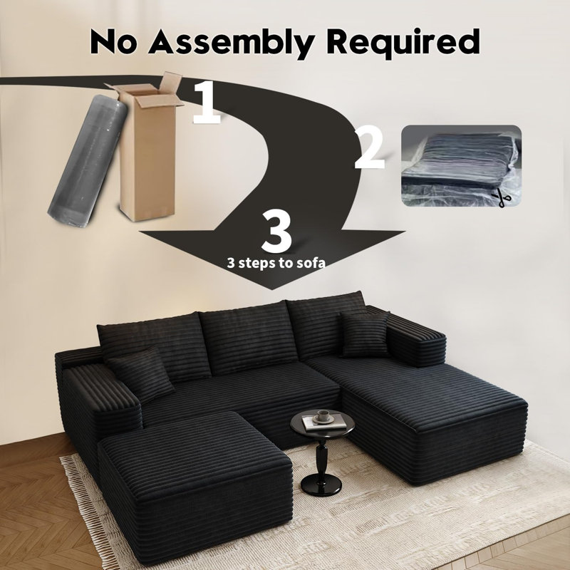 Boneless 107" W Modular Sectional Sofa with Ottoman,Modern U-Shaped Cloud Couch with Deep Seat,Comfy Corduroy 3-Seater Sofa for Living Room,No Assembly