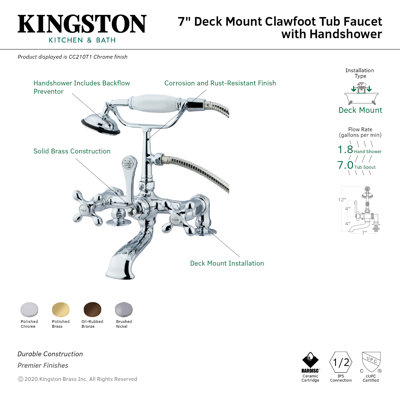 Robinet de baignoire sur pattes à 3 poignées et 2 poignées à fixation sur le comptoir avec douche à main Kingston