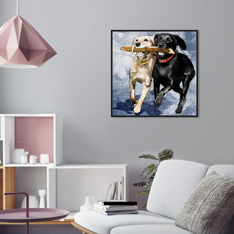 Chiens et chiots «Playtime Blue», reproduction d'art sur toile, H 24 po x l 24 po, Impression encadrée, Noir