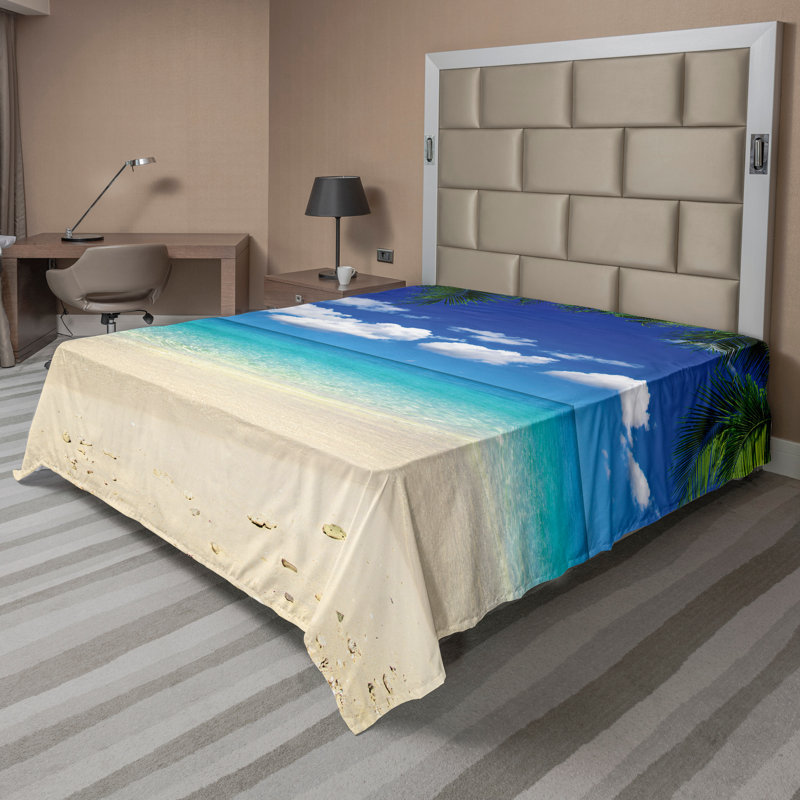 Drap plat Ambesonne Island Tropic Holiday Scenic bleu royal sable brun, Très grand californien