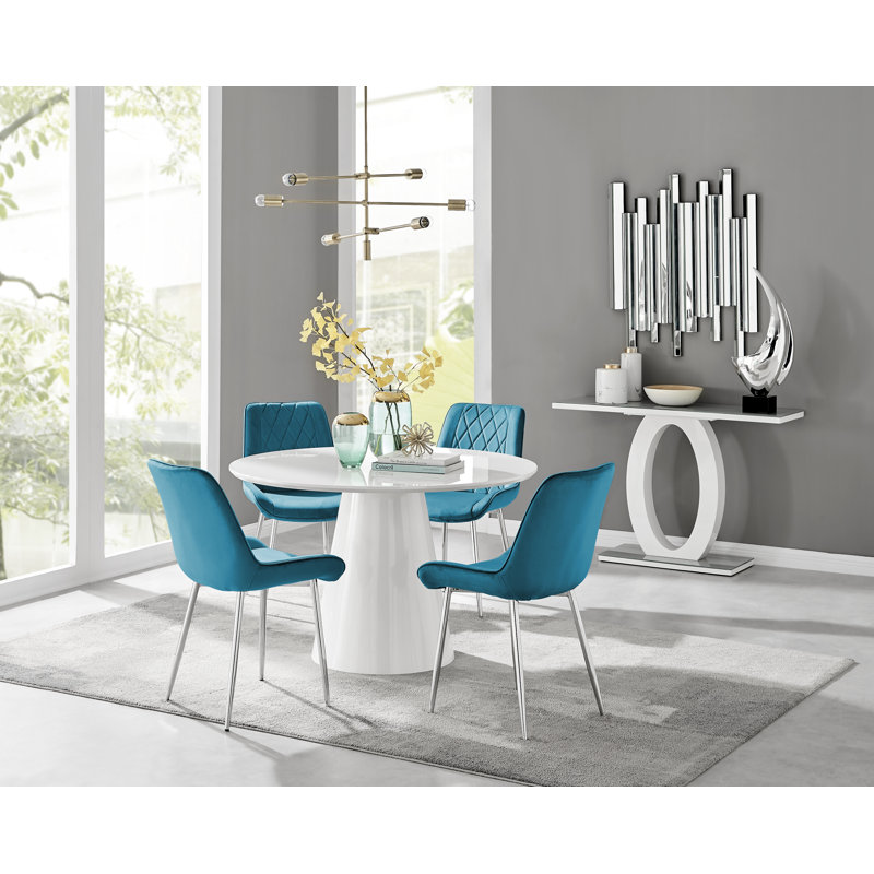 Ensemble de table de salle à manger Edward, Blanc, 5 pièces: table, 4 chaises, Bleu / Argent