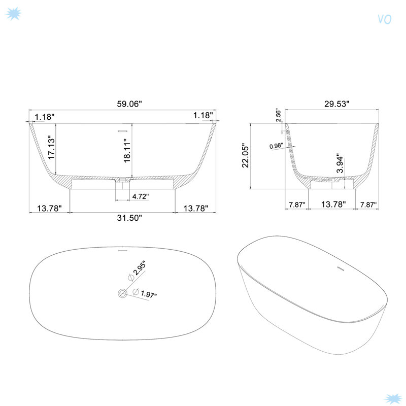 59 Inch Freestanding Solid Surface Soaking Bathtub