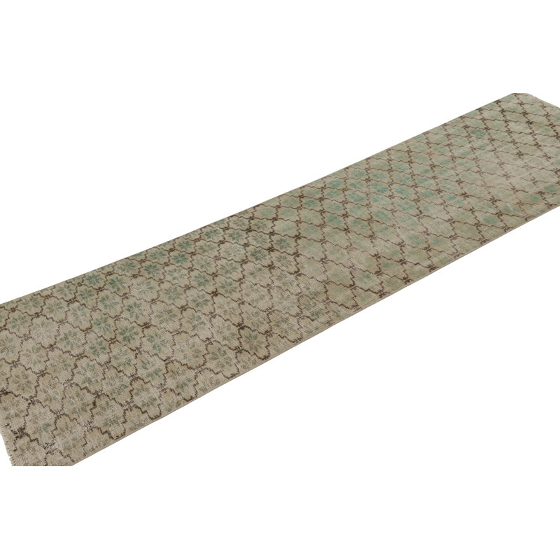 Vintage Turkish Runner Rug, Green And Beige With Geometric Patterns – Rug & Kilim