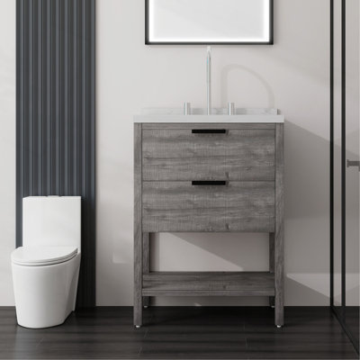 Meuble-lavabo autoportant de 61 cm avec lavabo, tiroir à fermeture amortie, comptoir et dosseret en marbre de Carrare reconstitué de 5 cm, contreplaqué