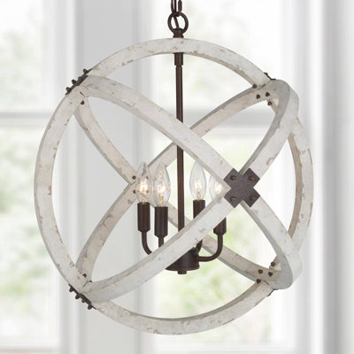 Turman 4-Light White Rustic Wood Globe Chandelier with Adjustable Chain