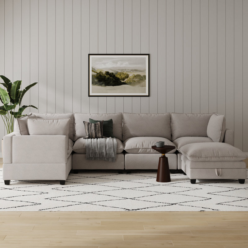Somerdale Modern Upholstered Cloud Sectional With Ottoman, 39.4" H x 145.8" W x 76.4" D, Textured Gray Linen