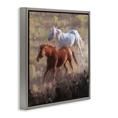 «Brown and White Wild Horses», art mural encadré flottant par Nina Blue