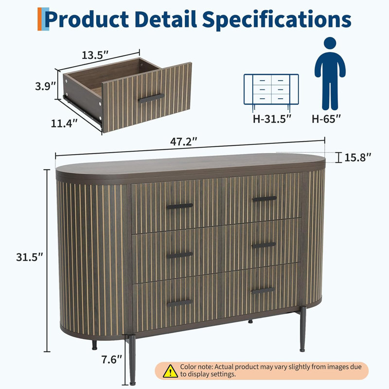 Mid Century Modern Fluted 6 Drawer Dresser