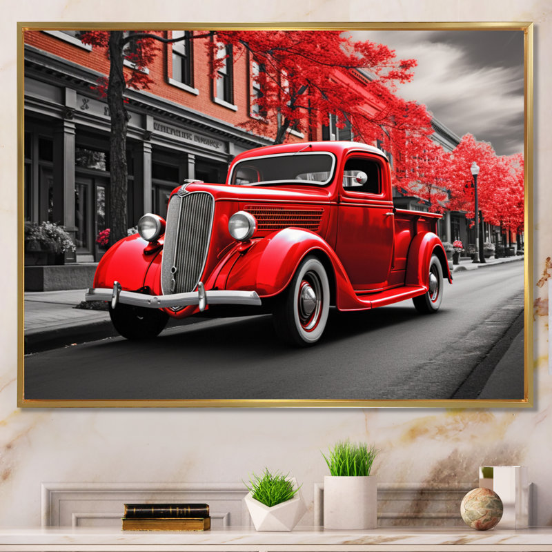 Red Pickup Truck Road Legends III - Transportation Canvas Art Print, 12" H x 20" W, Cadre flottant doré
