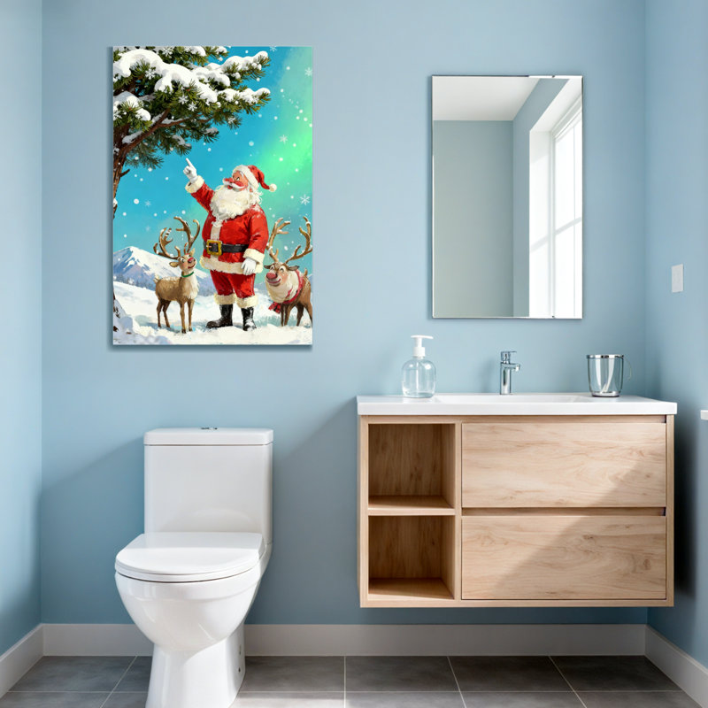 Noël père Noël avec renne dans un paysage enneigé, H 18 po x l 12 po