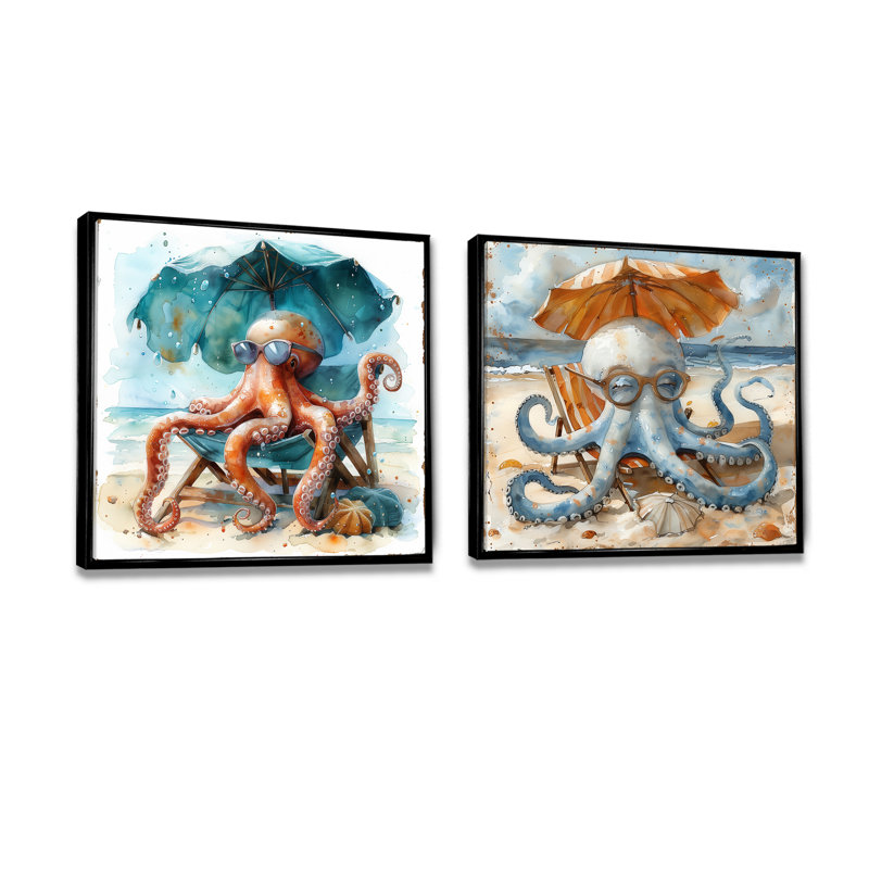 Pieuvre sur la plage à Hawaï I - décoration murale pieuvre / calmar - art mural moderne 2 pièces, Black, H 30 po x l 61 po