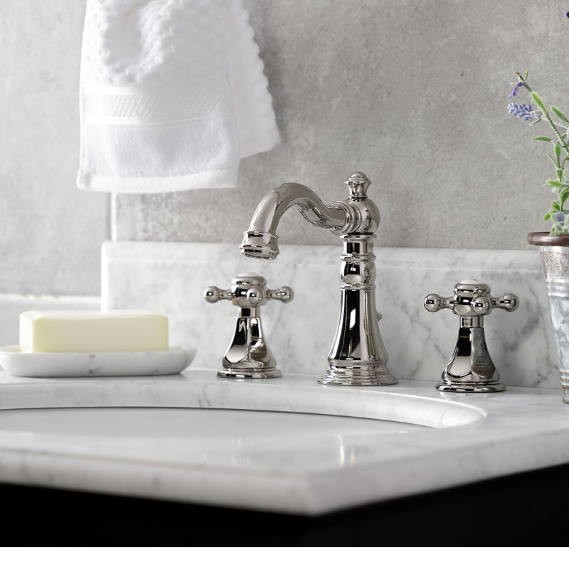 Kingston Brass Metropolitan Two-Handle 3-Hole Deck Mount Widespread Bathroom Faucet with Pop-Up Drain, Polished Nickel