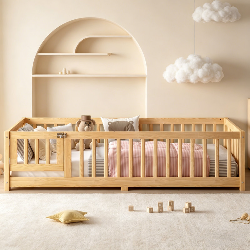 Floor Bed, Wooden Toddler Bed Frame With Safety Guardrails, Door And Slat Support, Low Profile Kids Floor Bed For Boys Girls, No Box Spring Needed(Natural/Grey/White)