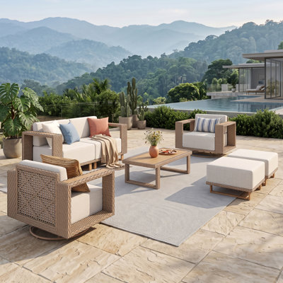6 - Person Outdoor Wicker Patio Conversation Furniture Set With Table,Swivel Chairs And Ottomans