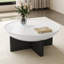 Table basse ronde moderne 35,4 po, plateau de table blanc avec base en bois noir pour le salon