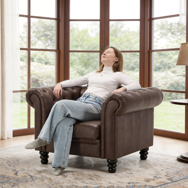 Fauteuil Chesterfield de 42,52 po Fynlie, Similicuir cacao