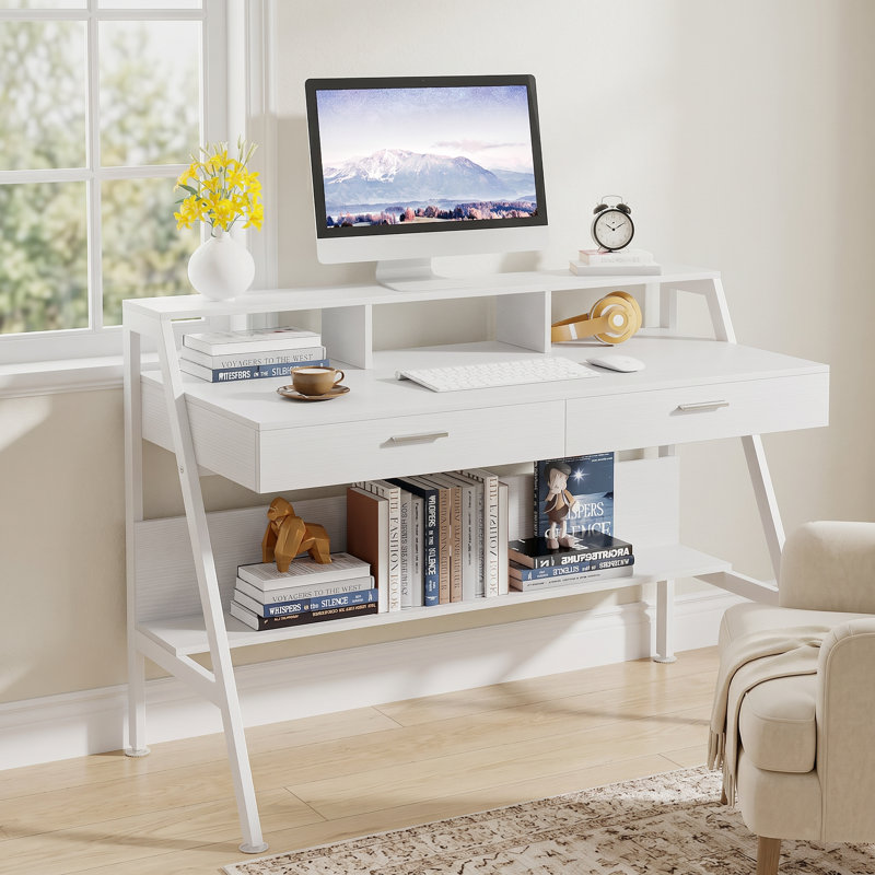 Edeltraud Writing Desk with Drawers, White Desk, White