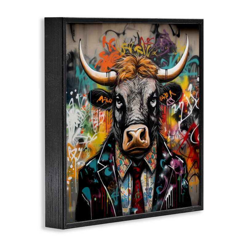 «Urban Graffiti Bull», estampe numérique par Lazar Studio, H 12 po x l 12 po, Giclée encadrée noir minuit