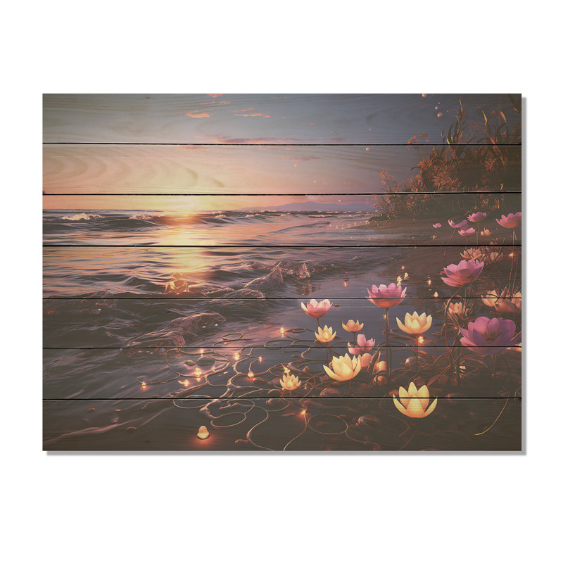 «Sunset Floral Beach Flourish III» - Reproduction de plage sur bois, H 24 po x l 32 po x P 0,78 po
