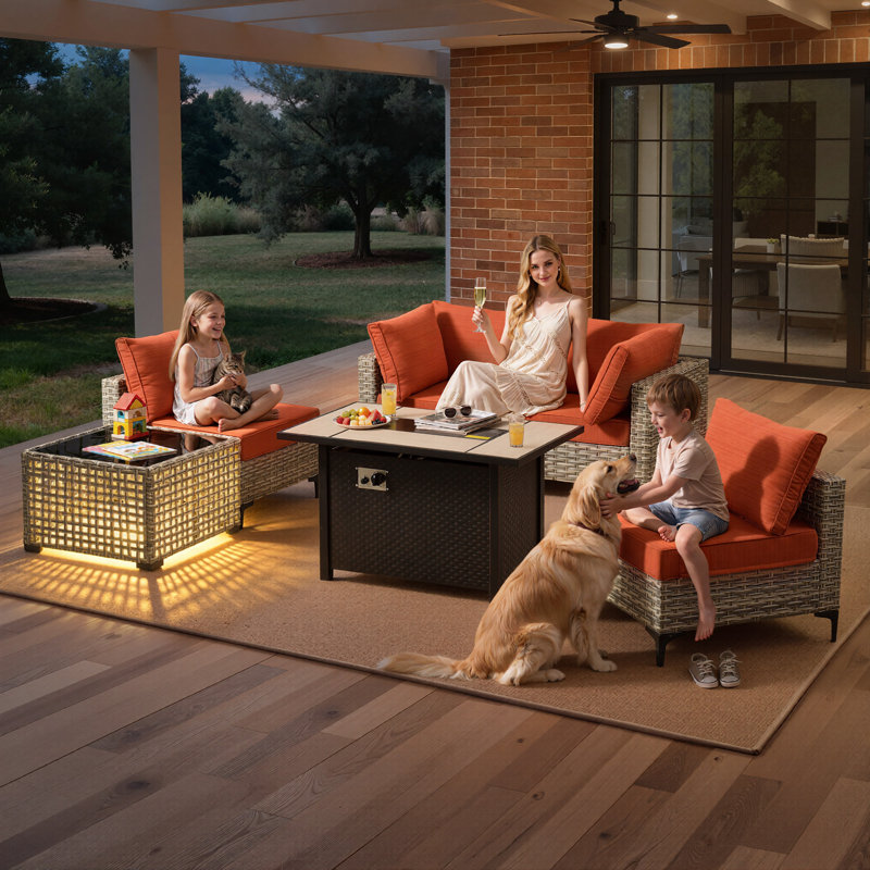 6- Piece Outdoor Patio Furniture Set with Fire Pit Table, All - Weather Wicker, Thick Padded Cushions, Sectional Sofa & Chairs for Garden, Backyard & Patio