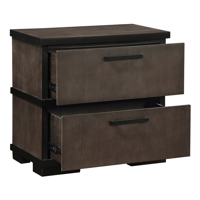 Table de chevet moderne et industrielle, deux tons brun noir, 2 tiroirs, table de chevet 2 matériaux en bois avec finition noire