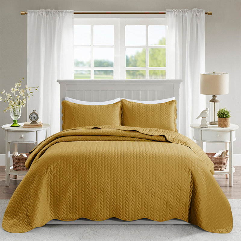 Premium Embossed Bedspread Set With Matching Pillowcases, Full/Queen Bedspread + 2 Standard Pillowcases, Ochre