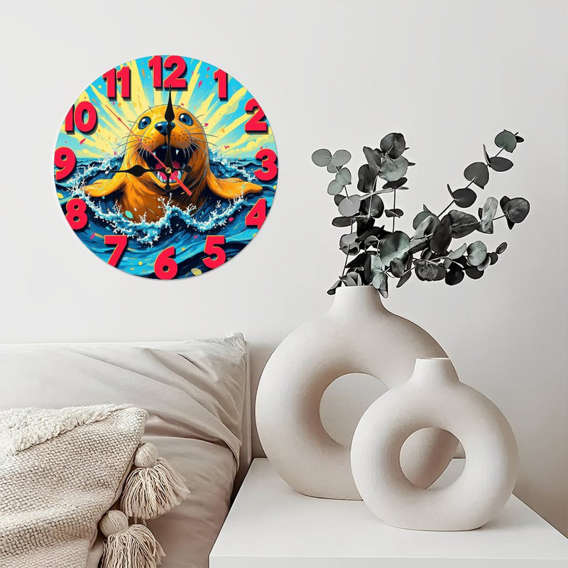 Artistic Round Wall Clock with Playful Seal Design