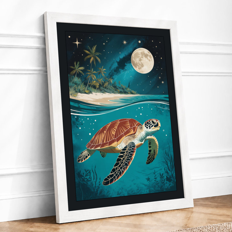 Turtle Under Moonlight Coastal - Framed Print, A1 - 84.1 x 59.4 cm, White