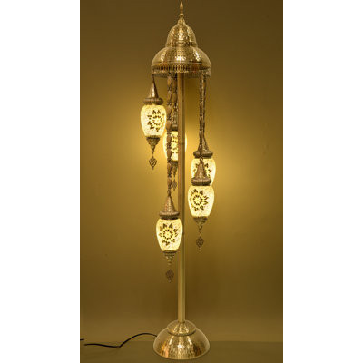 Turkish Moroccan Floor Lamp, 154cm Tall - 5 Olive-shaped Fabric Lampshades, Handcrafted Mosaic Metal Base, Soft Warm Light For Living Room Bedroom Home Decor (5 Bulbs Included)
